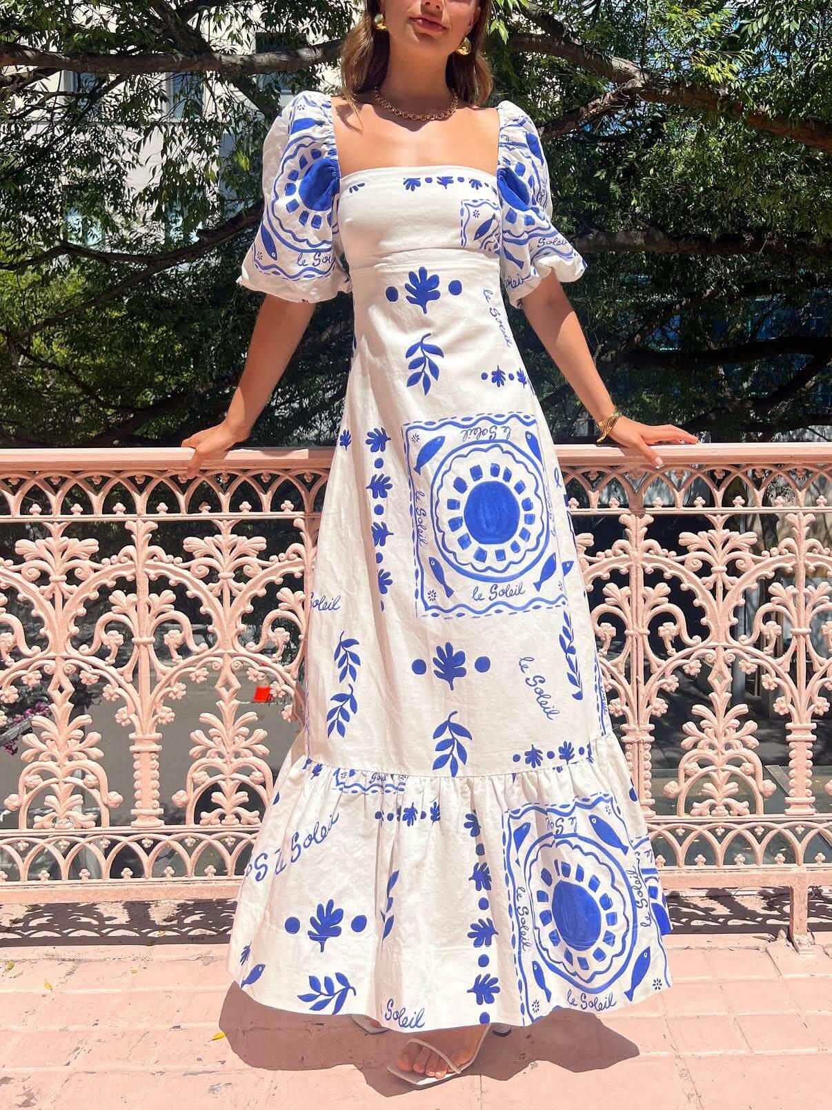 Summer midi dress with puff sleeves for vacation style 2026