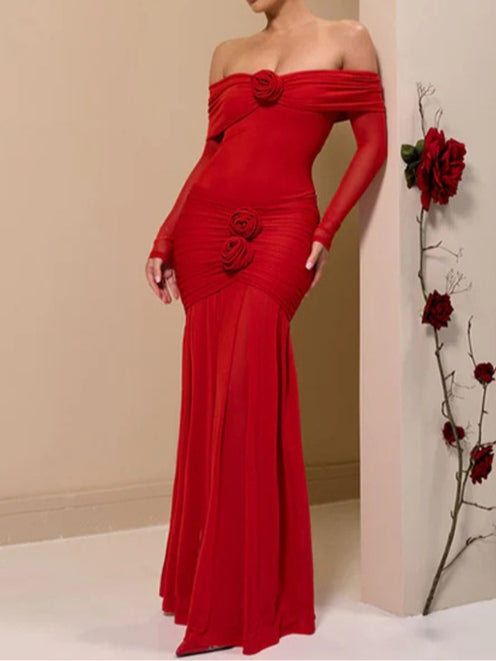 Long Sleeve Pleated Dress in Solid Color, Elegant and Stylish