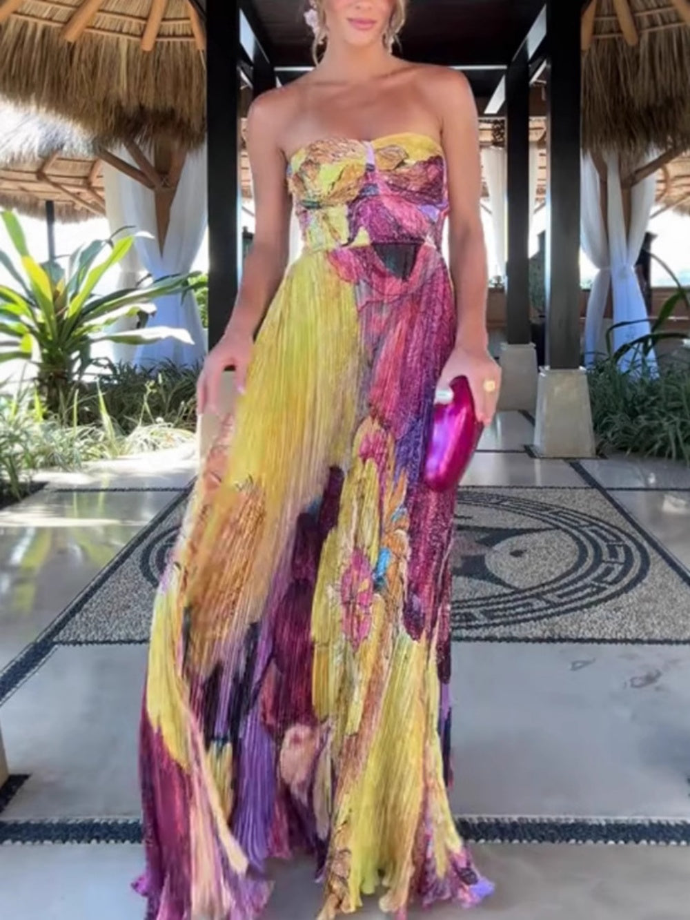 Elegant Print Pleated Strapless Maxi Dress