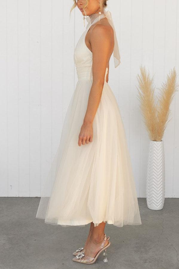 Elegant Maxi Dress with Tulle Details and Halter Neckline - Perfect for a Fairy-tale Look