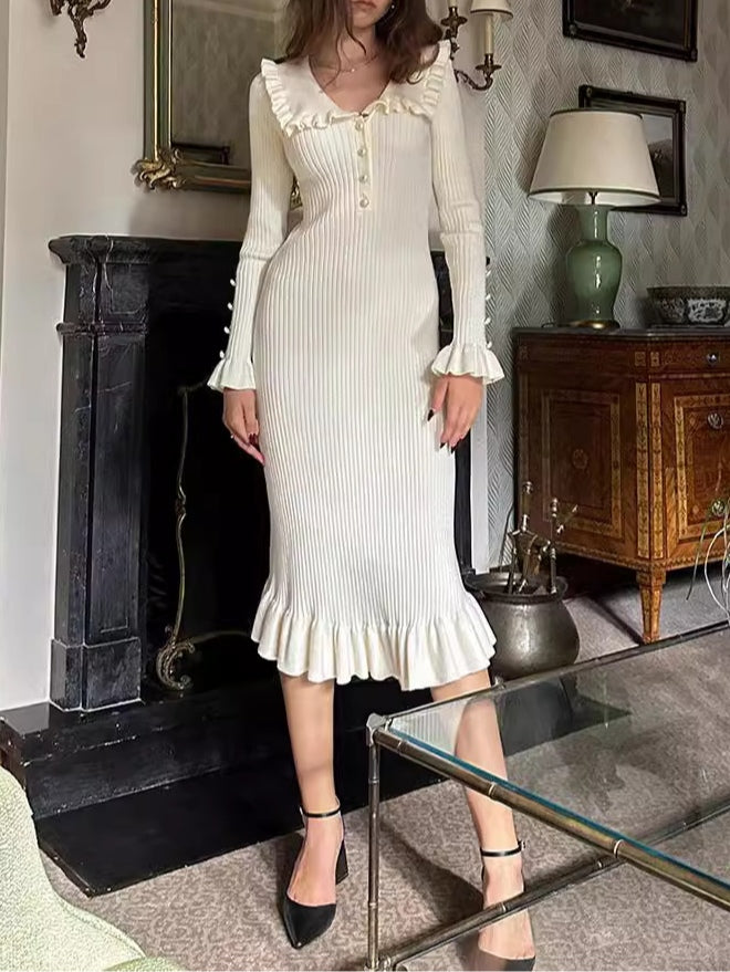 Elegant Long Sleeve Knitted Midi Dress with Ruffles