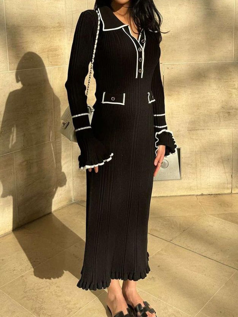 Elegant color-block knit maxi dress in Chanel style