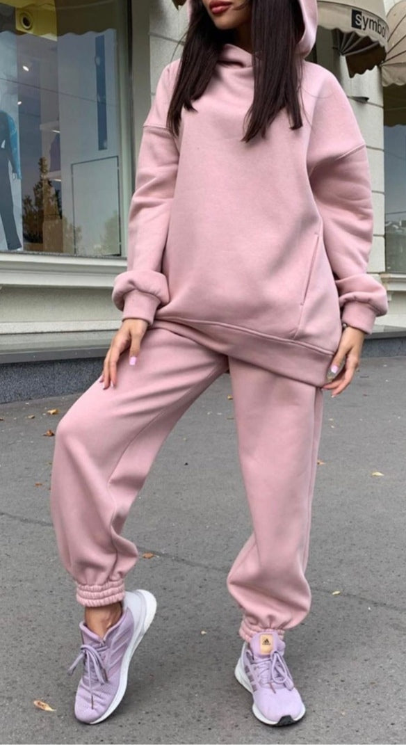 Trendy solid-color hoodie sweatshirt two-piece casual set