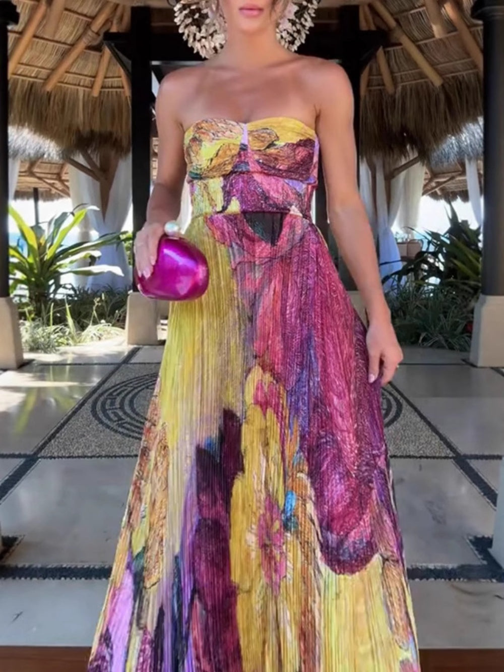 Elegant Print Pleated Strapless Maxi Dress