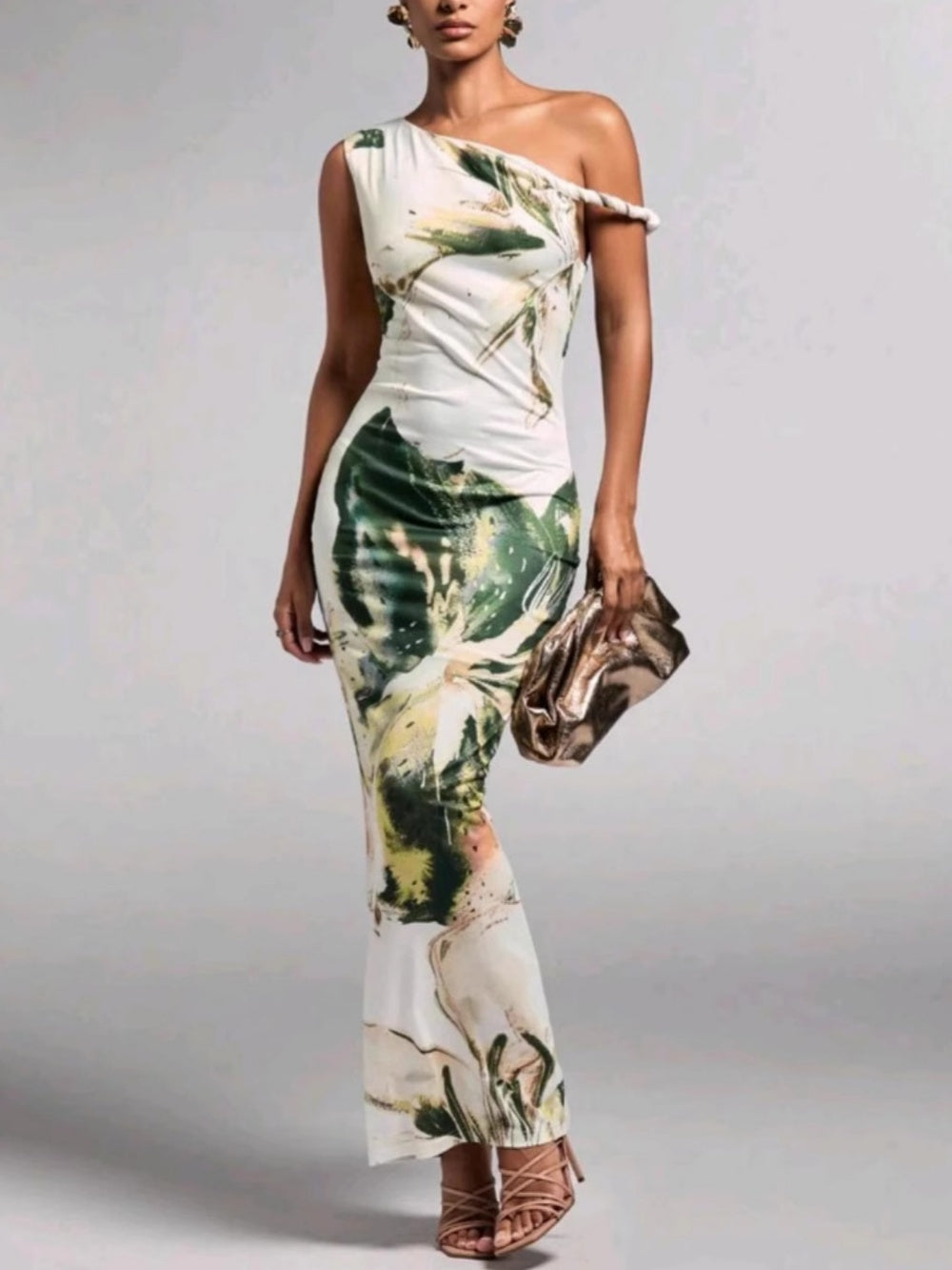 Long pleated one-shoulder printed elegant dress