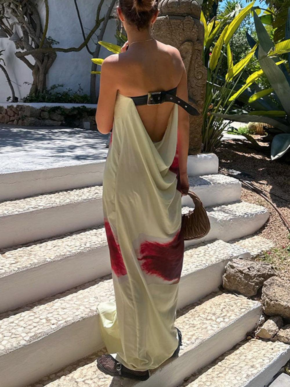 Printed high-neck tube dress with open back and elegant high waist