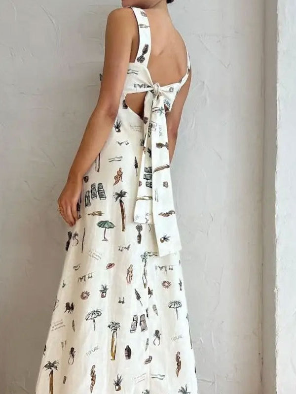 Casual Sleeveless Dress with Bow and Floating Print