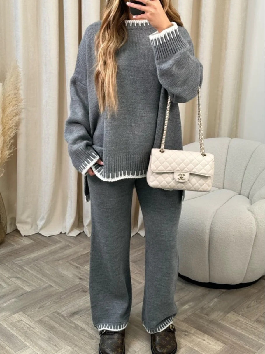 Casual Color-Block Knit Sweater Two-Piece Set — Loose-Fit, Solid Color