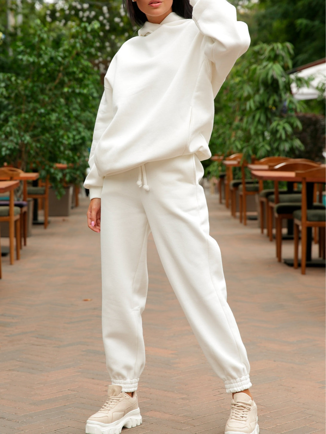 Trendy solid-color hoodie sweatshirt two-piece casual set