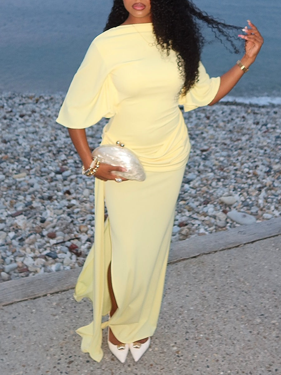 Elegant Yellow Maxi Dress with Cape and Backless Design