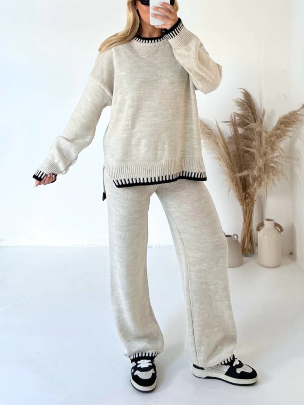 Casual Color-Block Knit Sweater Two-Piece Set — Loose-Fit, Solid Color