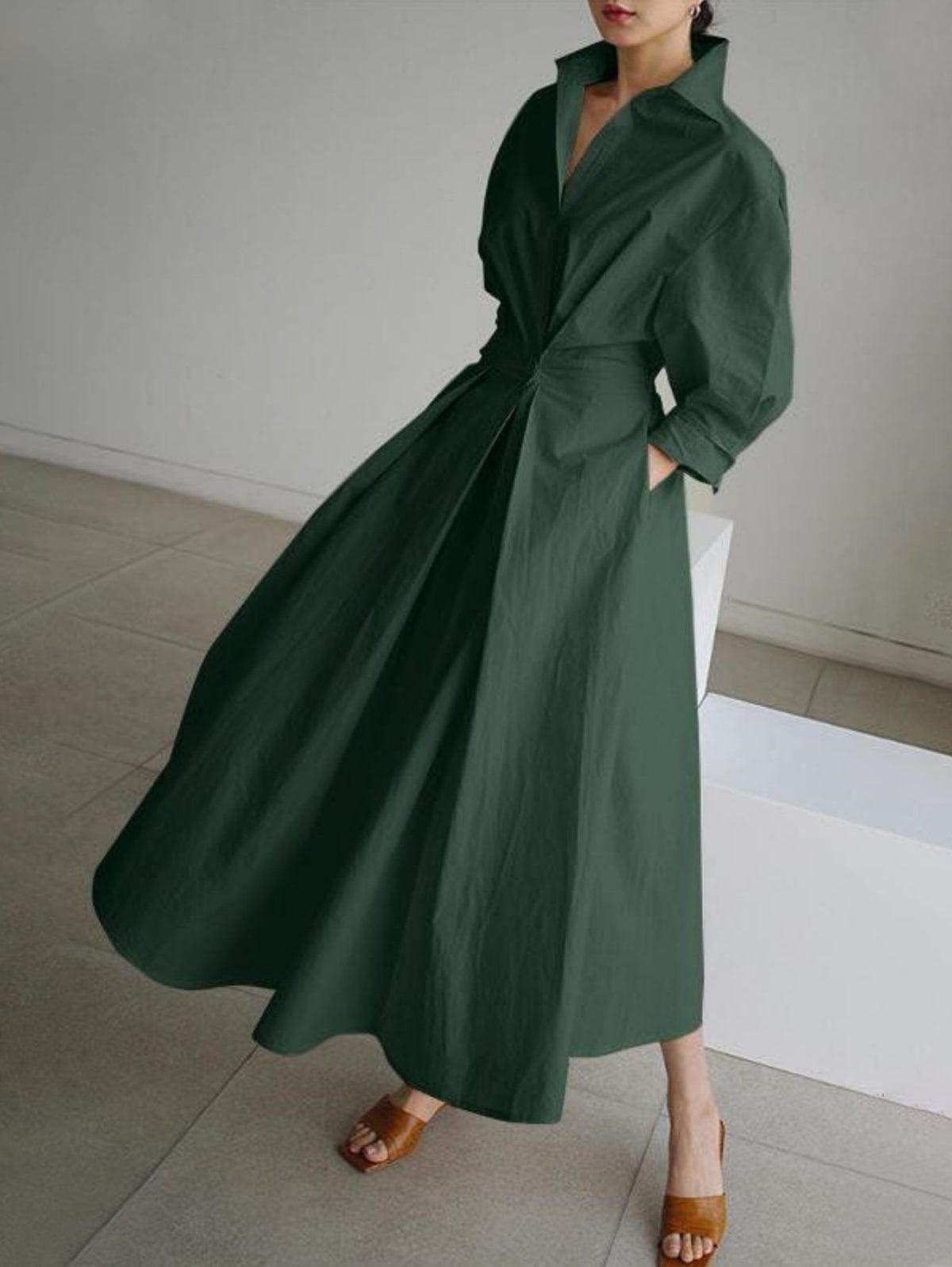 Elegant Solid Midi Dress with Notched Collar and Pockets Buttons