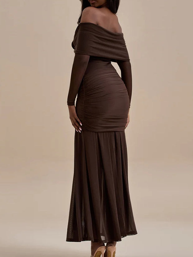 Long Sleeve Pleated Dress in Solid Color, Elegant and Stylish