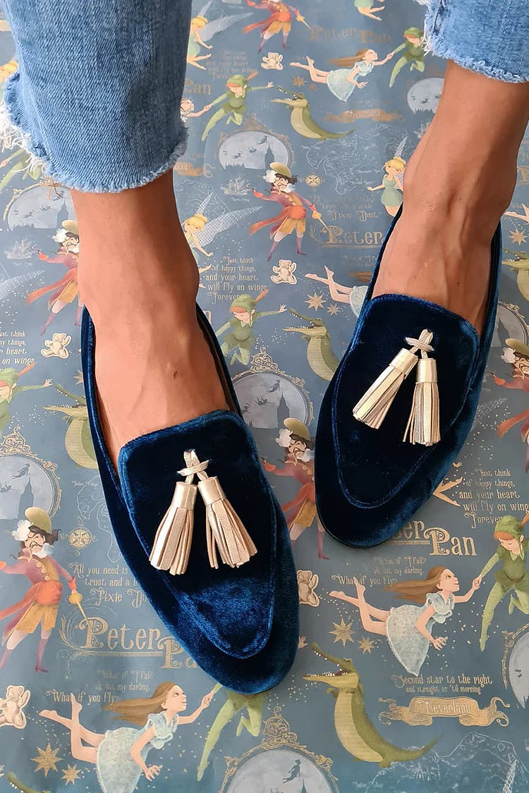 Luxurious Midnight Elegance Loafers with Champagne Tassels