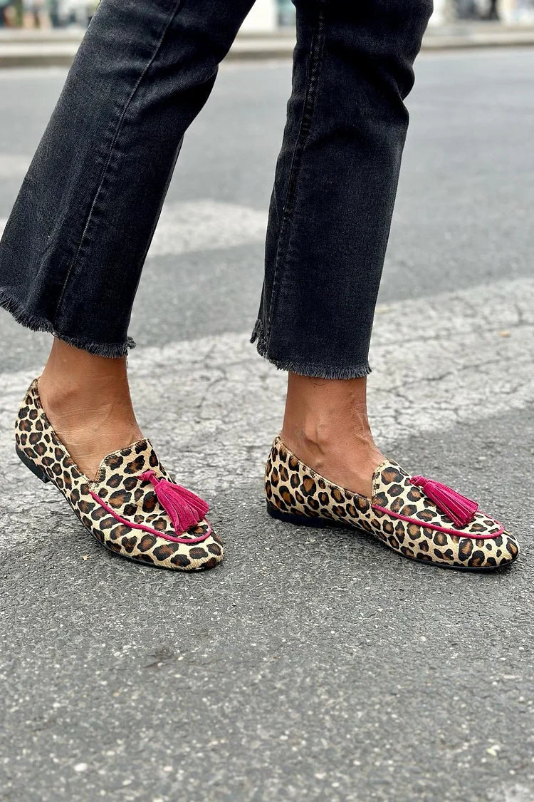 Animal-Print Loafer with Bold Fuchsia Fringe