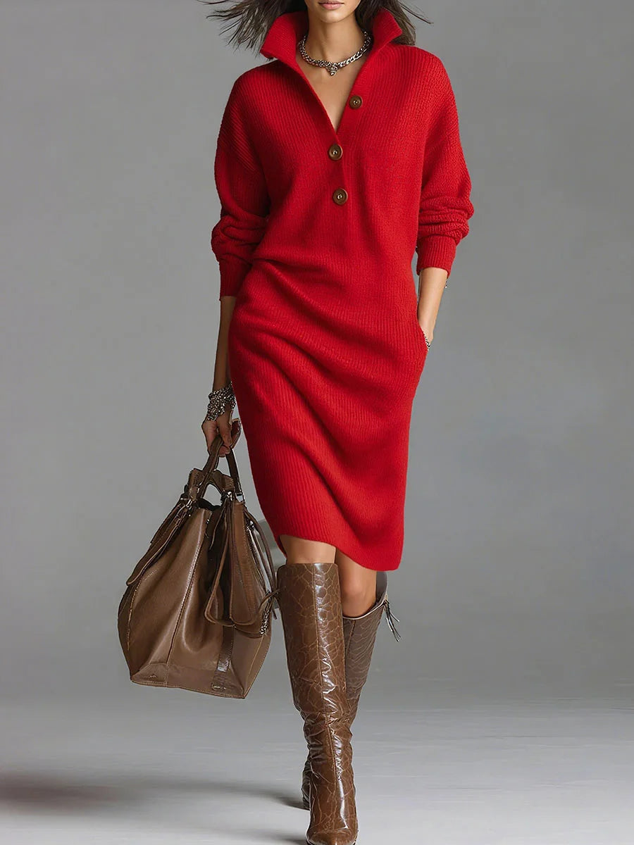 Solid Colored Loose Knit Dress with Turtleneck and Long Sleeves