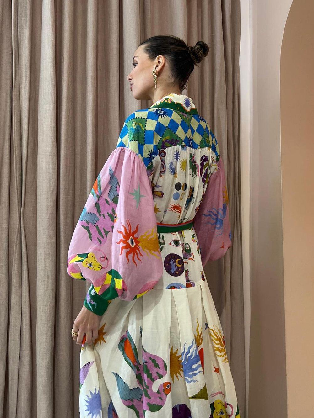 Casual Long Pleated Dress with Long Sleeves