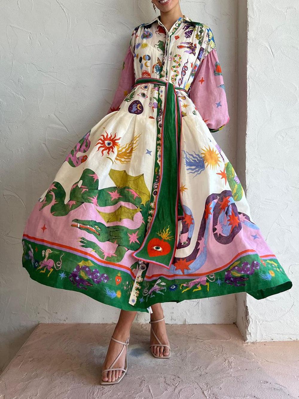 Casual Long Pleated Dress with Long Sleeves