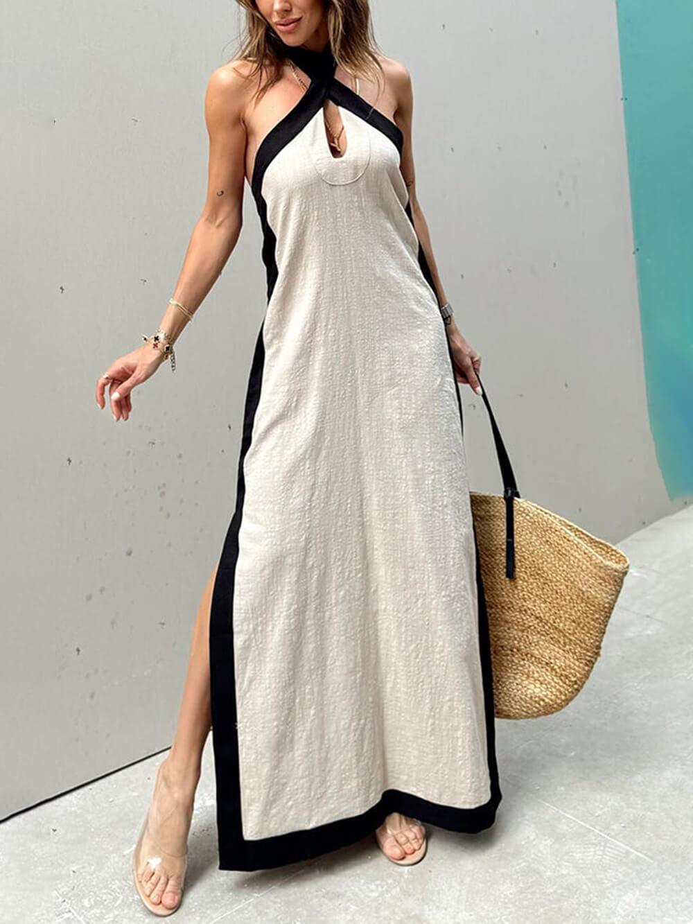 Maxi Flared Dress with Halter Neck and Color Block with Slit