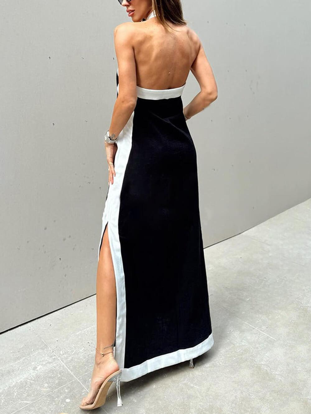 Maxi Flared Dress with Halter Neck and Color Block with Slit
