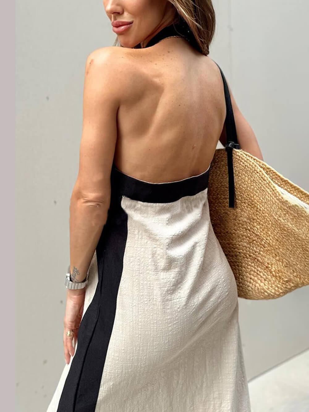 Maxi Flared Dress with Halter Neck and Color Block with Slit