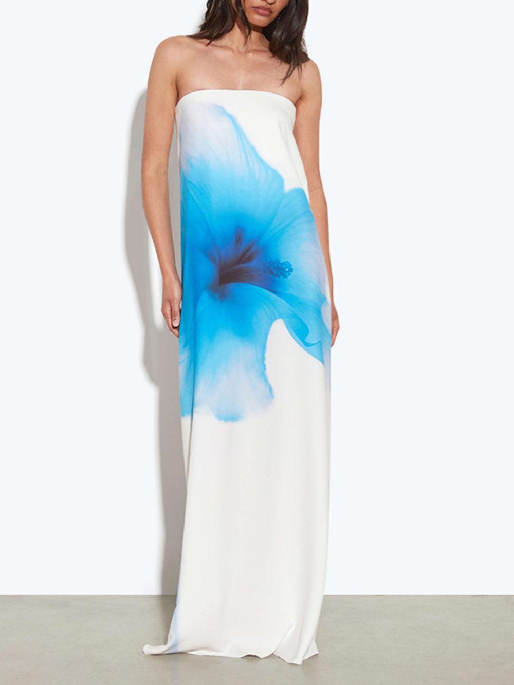 Printed high-neck tube dress with open back and elegant high waist