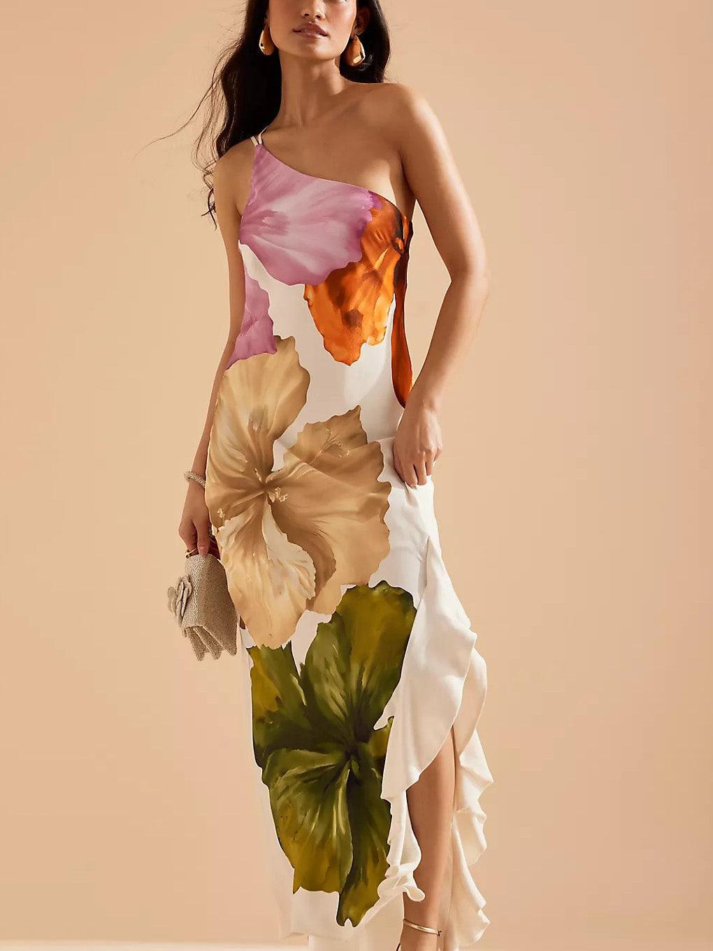 Elegant and Exquisite Maxi Dress with Floral Print and One Shoulder
