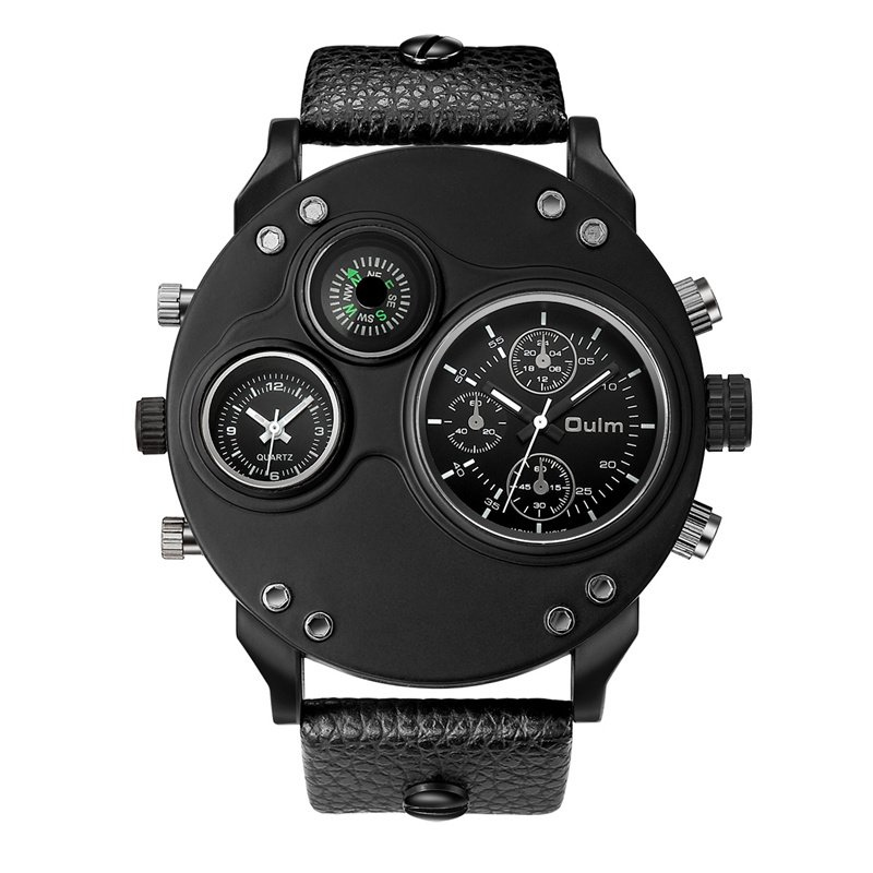 Black leather chronograph watch with dual time zones