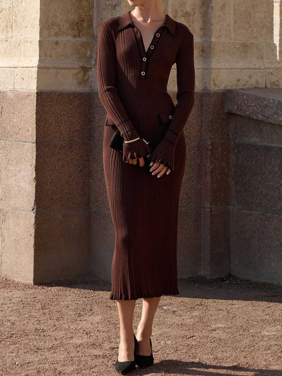 Elegant color-block knit maxi dress in Chanel style