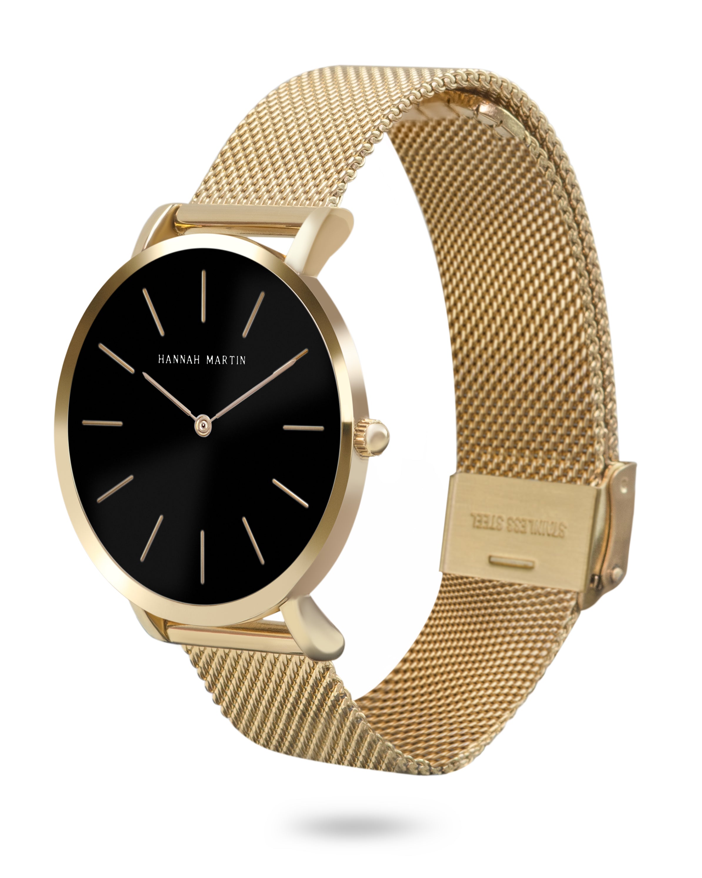 Black Luxe Elegant Gold-colored Round Watch with Black Dial and Mesh Band