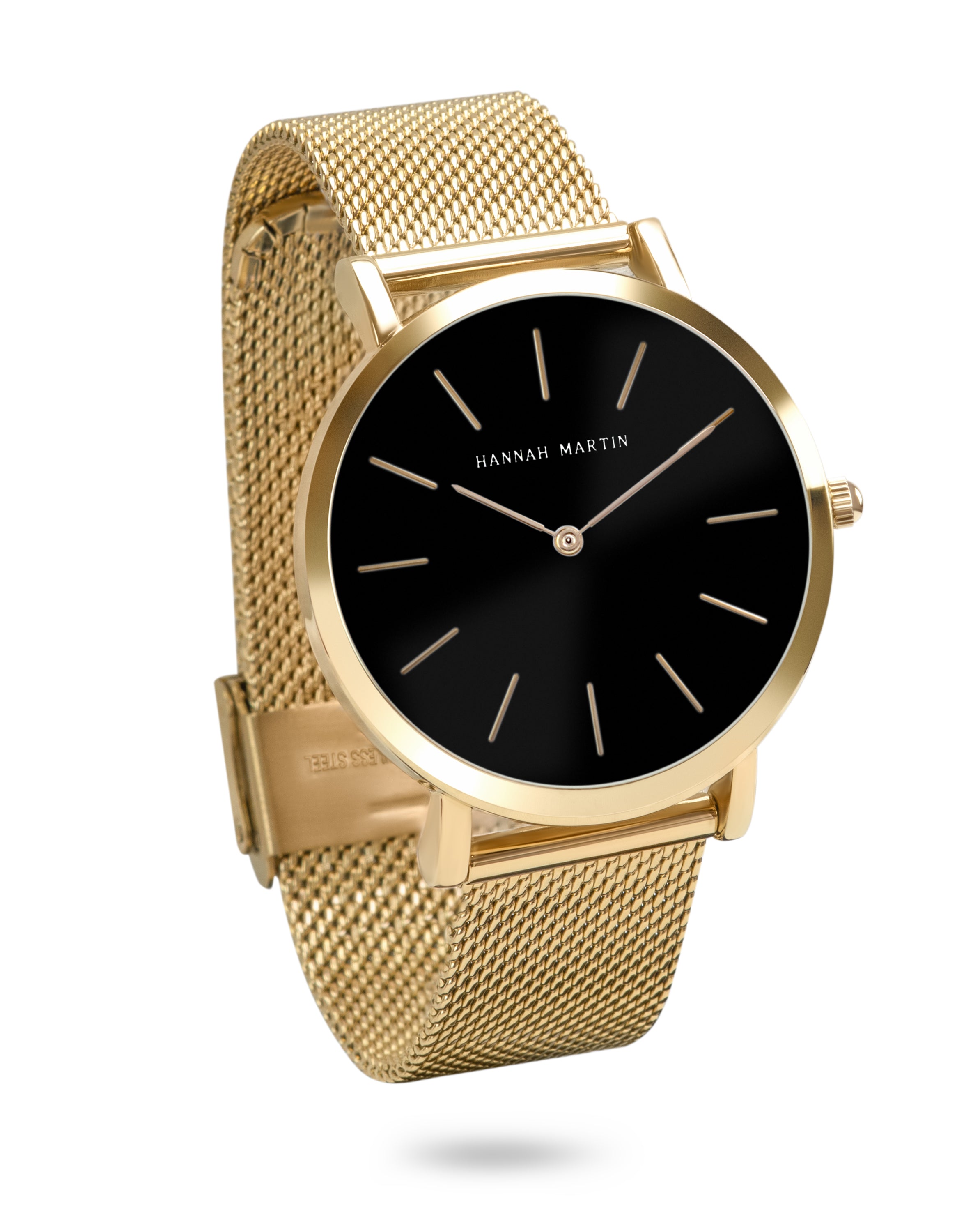 Black Luxe Elegant Gold-colored Round Watch with Black Dial and Mesh Band