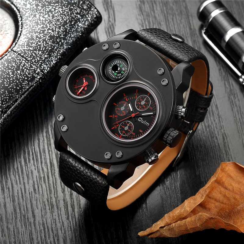 Black leather chronograph watch with dual time zones