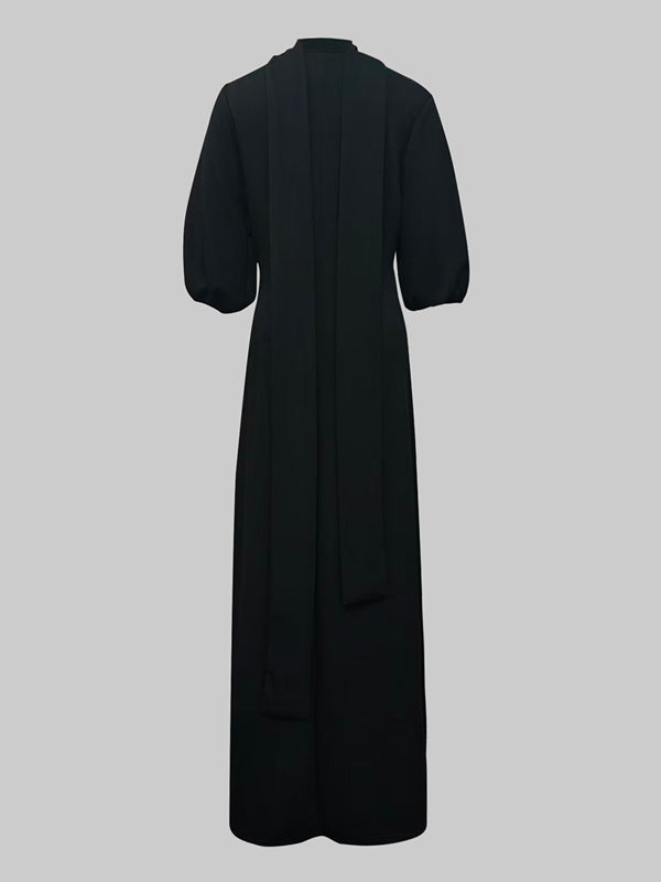Puff Sleeve Mock-Neck Maxi Dress with Buttoned Split