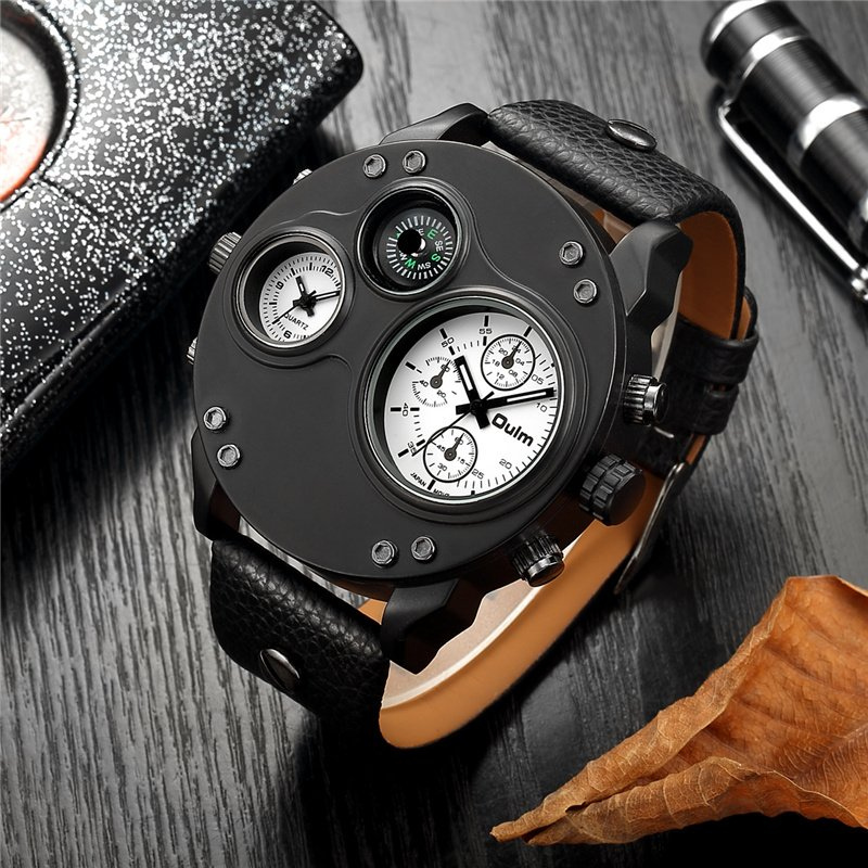 Black leather chronograph watch with dual time zones