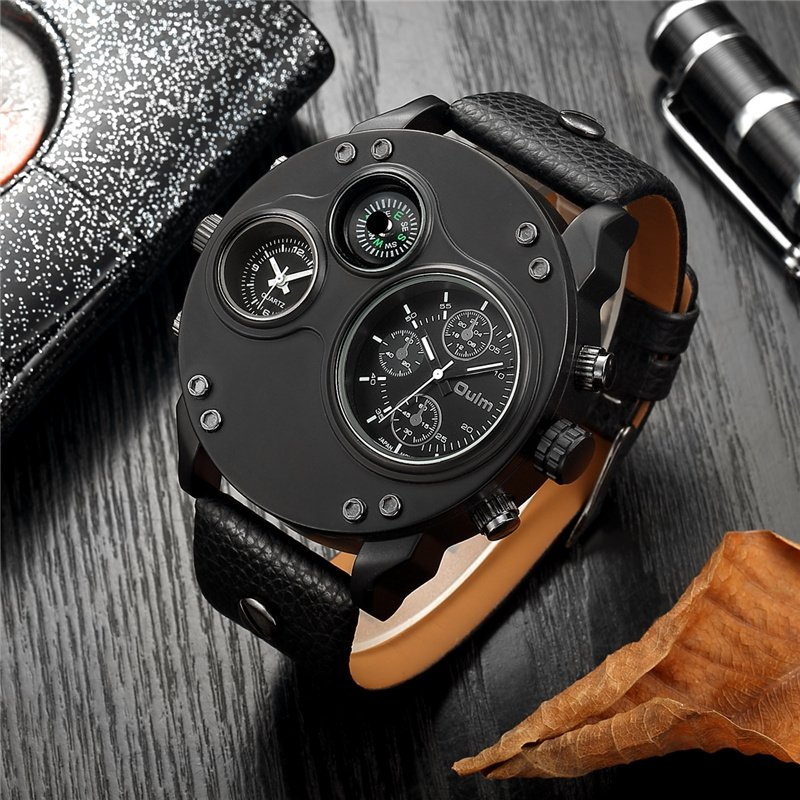 Black leather chronograph watch with dual time zones