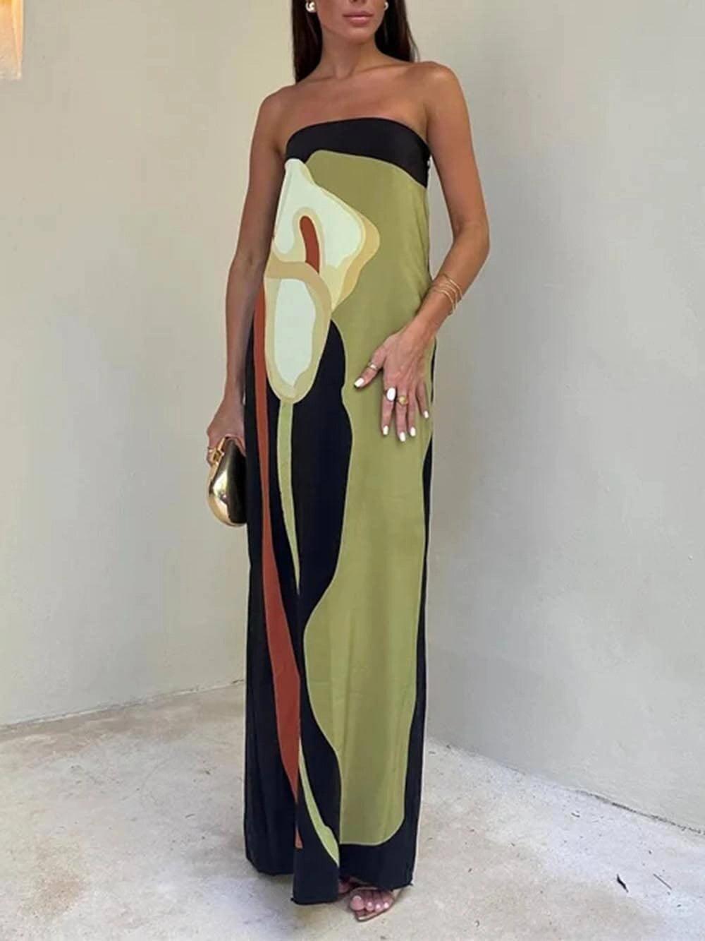 Sleeveless Strapless Color Block Pattern Long Dress Perfect for Your Parties