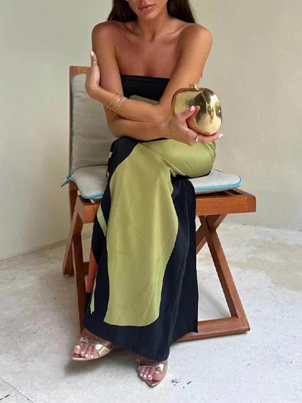 Sleeveless Strapless Color Block Pattern Long Dress Perfect for Your Parties