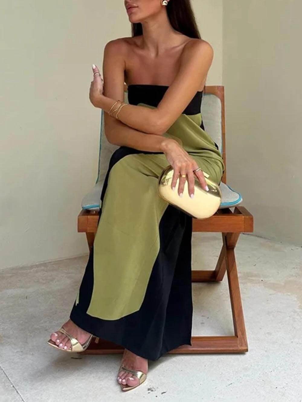 Sleeveless Strapless Color Block Pattern Long Dress Perfect for Your Parties