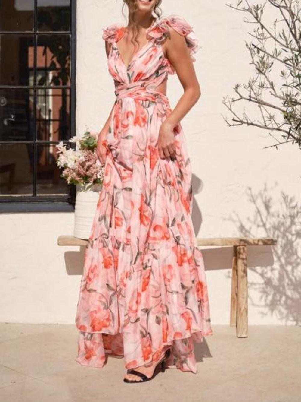Printed Maxi Dress without a Deep Neckline for an Elegantly Casual Look