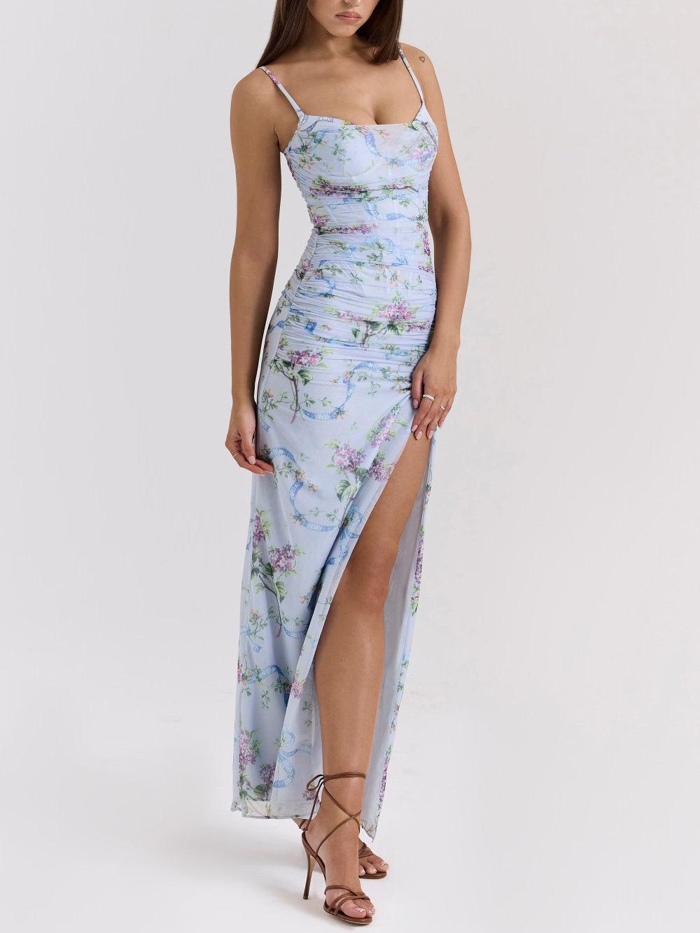 Blue Loral Printed Mesh Maxi Dress for an Elegant and Trendy Look