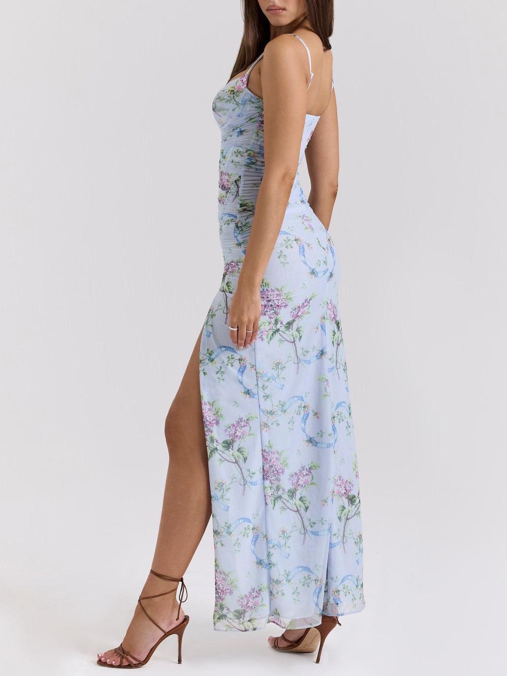Blue Loral Printed Mesh Maxi Dress for an Elegant and Trendy Look