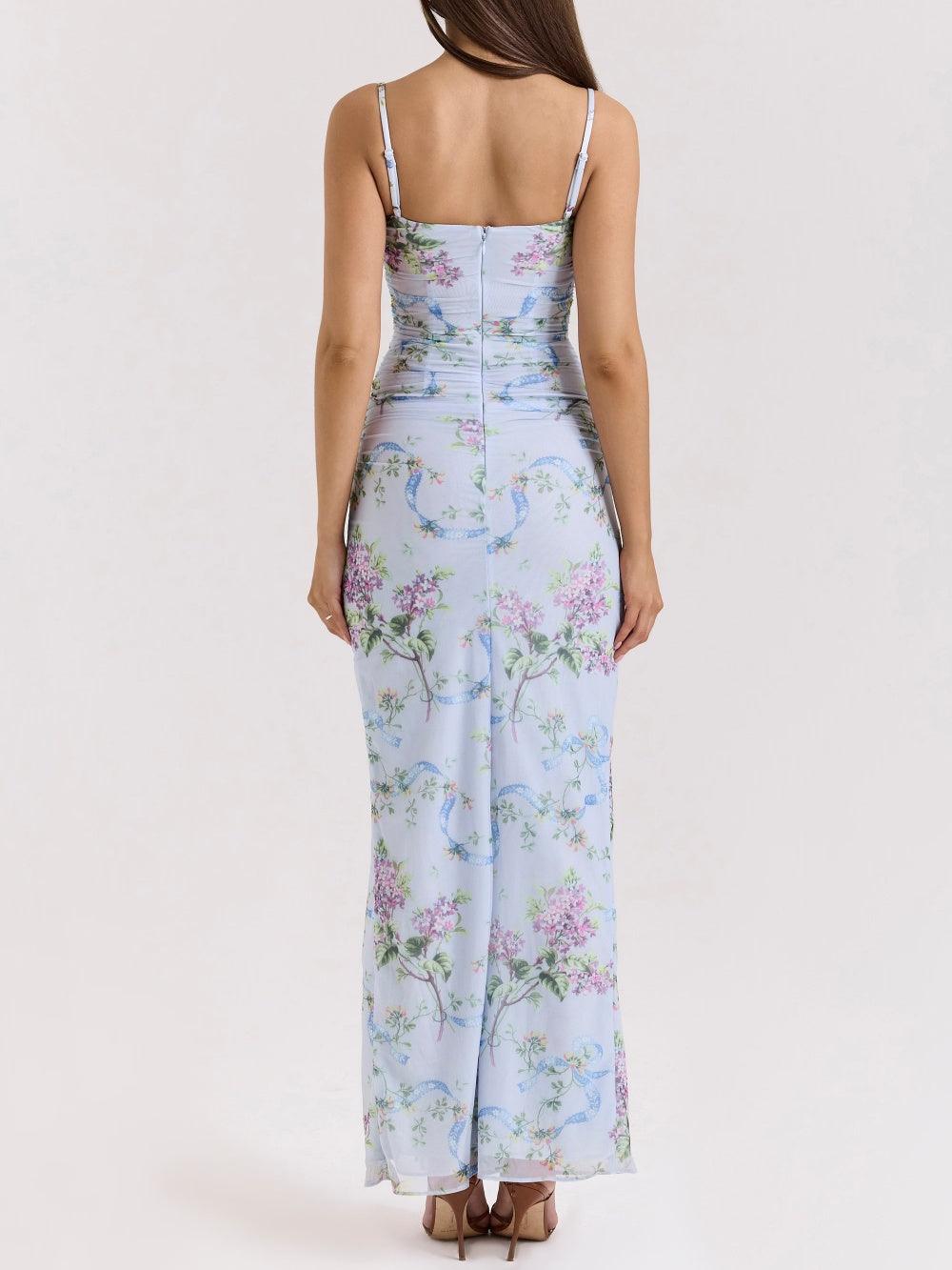 Blue Loral Printed Mesh Maxi Dress for an Elegant and Trendy Look