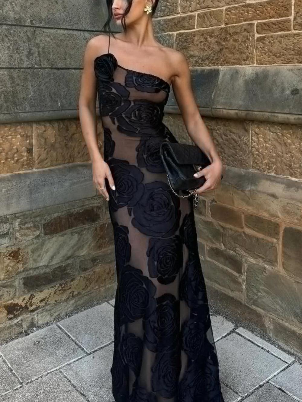 Fitted mesh dress with elegant black rose design