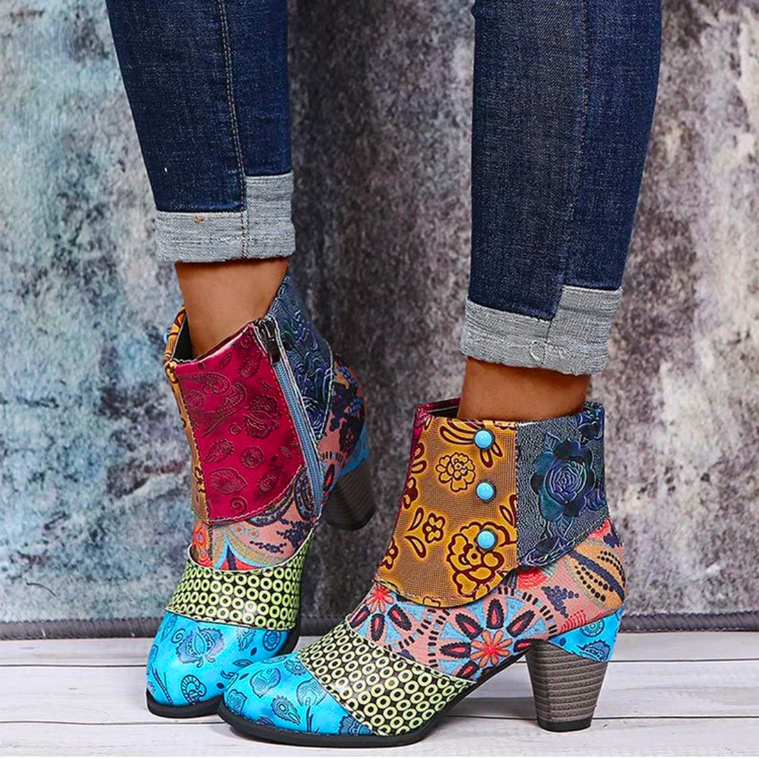 Mia – Colorful Patchwork Ankle Boots with Bold Block Heels