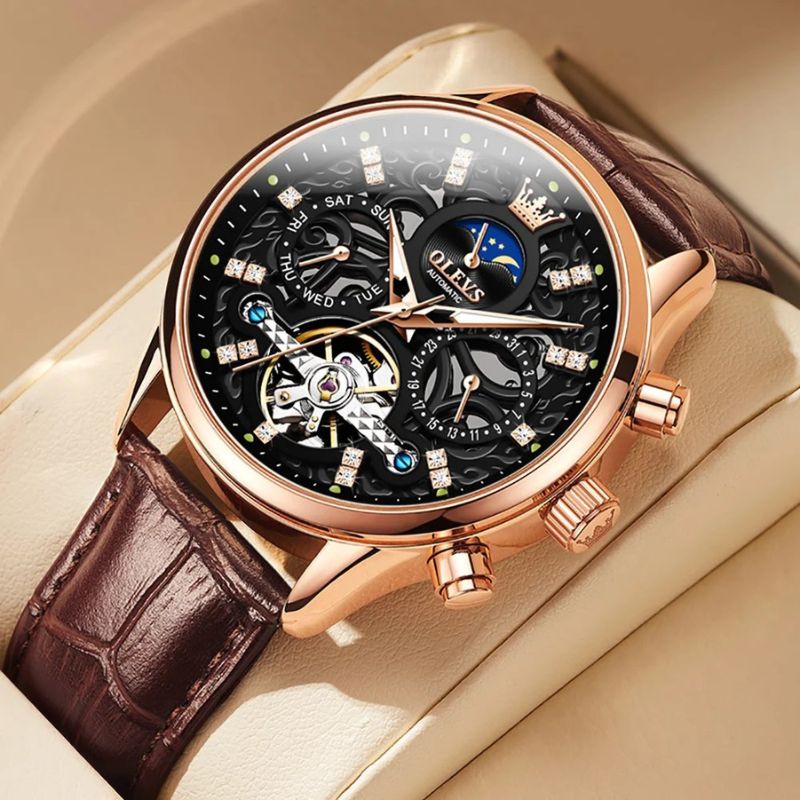 Elegant Automatic Mechanical Watch with Leather Strap