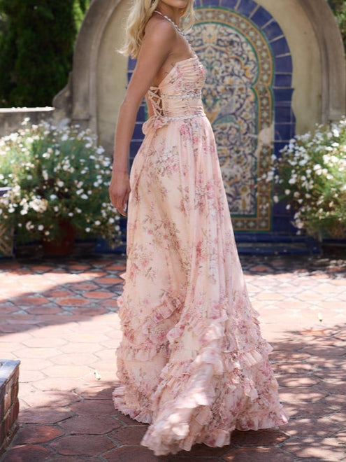 Long Maxi Dress with Floral Print, Faux Pearls, and Ruffle Details