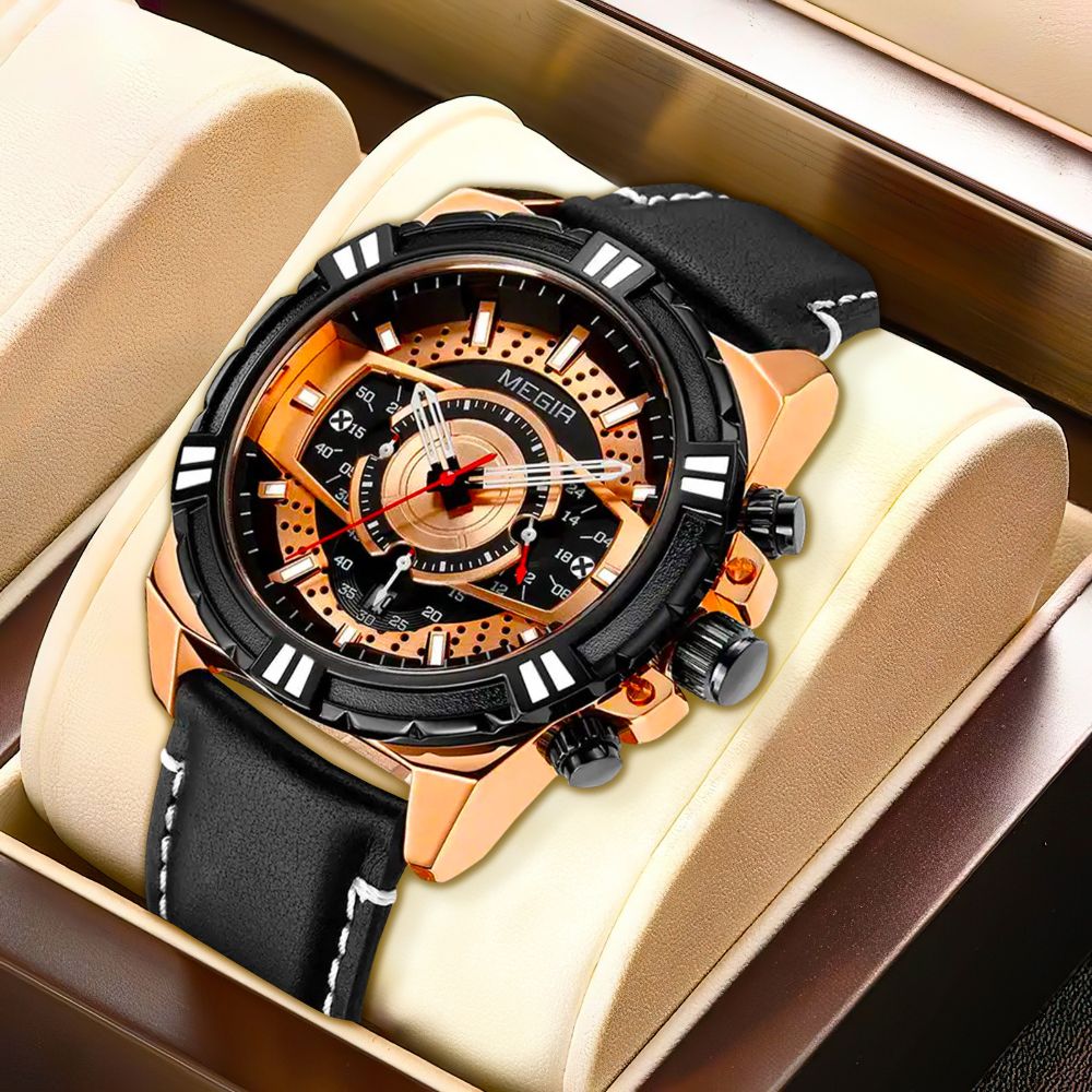 Luxury Sport Watch with Quartz Chronograph Leather for Military Spirit