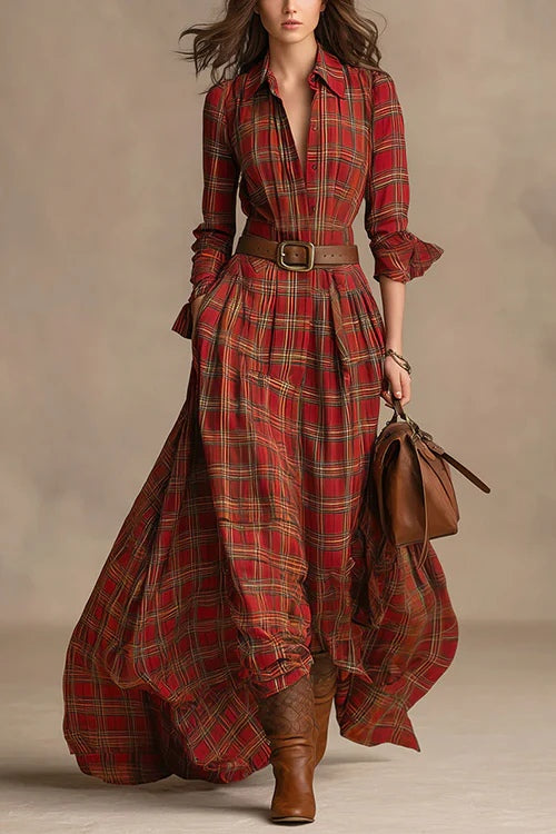 Long plaid shirt maxi dress with long sleeves and buttons, includes belt