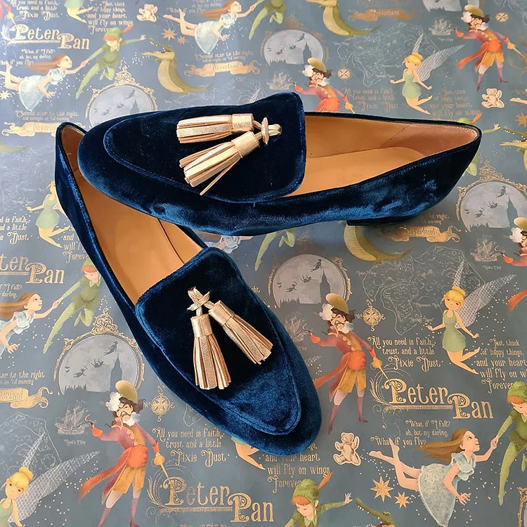 Midnight Elegance: Luxurious Loafers with Champagne Tassels