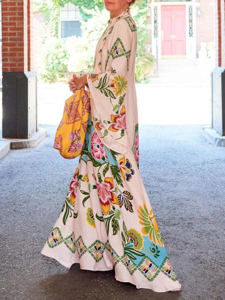 Elegant flowing long dress with sunny floral pattern